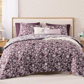Bloomhaven Csbhprt005dpe7q Queen Comforter Set -7 Pieces Floral Dark Purple For