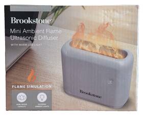 Brookstone Bsflmdif-4gy Nib Ambient Flame Ultrasonic Diffuser With Warm Led Light - Greige