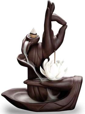 Mengmall 691043287659 Backflow Incense Burner Large Handmade Ceramic Lotus Buddha Hand Waterfall Ince