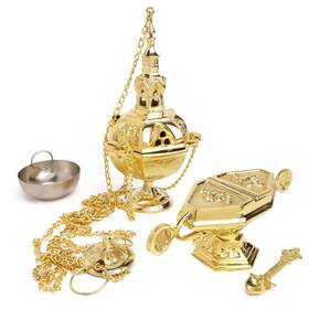 Needzo 810146409250 High Polished Brass Censer With Matching Boat And Spoon Traditional Church Inc