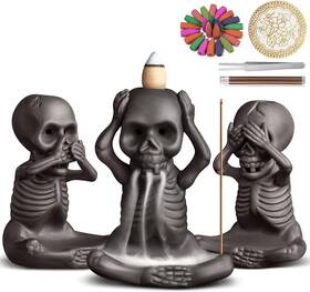 Sde123 Odovow 3 Pcs Skull Incense Holder Ceramic Burner Waterfall Backflow Brown