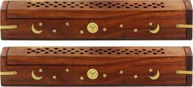 20080 Orient Originals Inc. Sheesham Wood Incense Burner Set 2 Coffin Sun Moon Inlay 12x2x2 Aromatherapy
