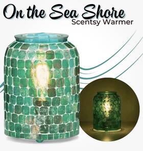 80074 Scentsy On The Seashore Warmer Green Blue Mosaic Glass Beach Wax Burner Glow New