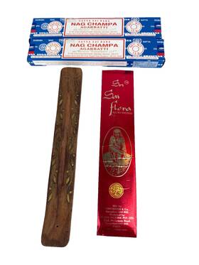 Ins06 Sticks Mix Lot Sai Flora Fluxo Nag Champa Indian Incense Wood Holder