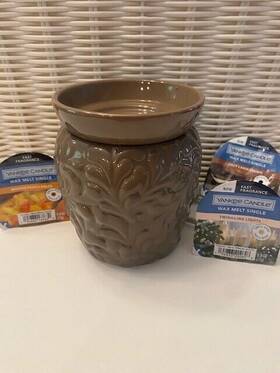 Yankee Candle 488686060912 Tan Scroll Raised Ceramic Electric Wax Melts Warmer With 3