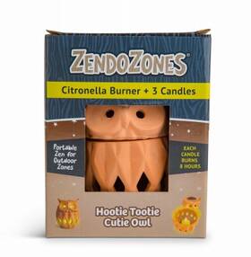 18p-htco Zendozones Citronella Burner 3 Candles Hootie Owl Shape Terra Cotta -
