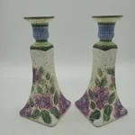 Julie Ueland Hand Painted Ceramic Candle Holders Pair Enesco Floral Purple. Fixed Price $20.00.