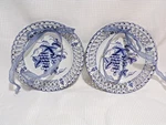 Vintage Blue & White Porcelain Pierced Round Hanging Trinket Plates W/ribbon 2. Fixed Price $28.50.