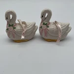 White Porcelain/ceramic Swan Pink Floral Motif Pomander Ribbon Hanger (2) Loomco. Fixed Price $15.00.