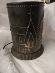 Irvins Punched Tinware Candle Warmer W/ Faith Hope Love Trees Steeple 9 In.. Fixed Price $39.99.