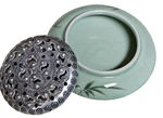 Siam Celedon Wood Ash Glaze 5.5" Round Ceramic Incense Holder Crackle Finish. Fixed Price $22.00.