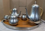 Mcm Royal Holland Pewter 6PC Coffee Set Bamboo Handles Teak Gallery Tray. Fixed Price $124.00.