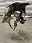 Resin Dragon Statue With Fire Breath, Gray Red Fantasy Decor Articulated Tail. Fixed Price $40.00.