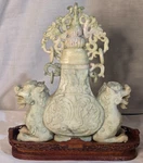 Vtg Chinese Carved Soapstone Incense Burner Sensor Twin Foo Dogs Dragon Base Lid. Fixed Price $84.99.