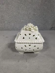 Pierced Porcelain Off White With 3D Flowers & Ribbons Trinket Box 4" Tall. Fixed Price $16.98.