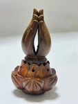 Hand-carved Wood Incense Burner Featuring Lotus Base Serene Praying Hands. Fixed Price $40.00.