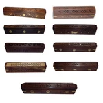 Wooden Carved Coffin Incense Burner Cone Holder Box 12" Hand Brass Inlay. Fixed Price $284.40.