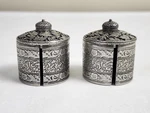 Vintage 1992 Heritage Pewter Oak Leaf Acorn Lidded Match Holders Set Of. Fixed Price $28.00.