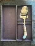 Vintage Prill Sheffield England Cheese Cutter Blue Enamel Handle Floral Box. Fixed Price $35.95.
